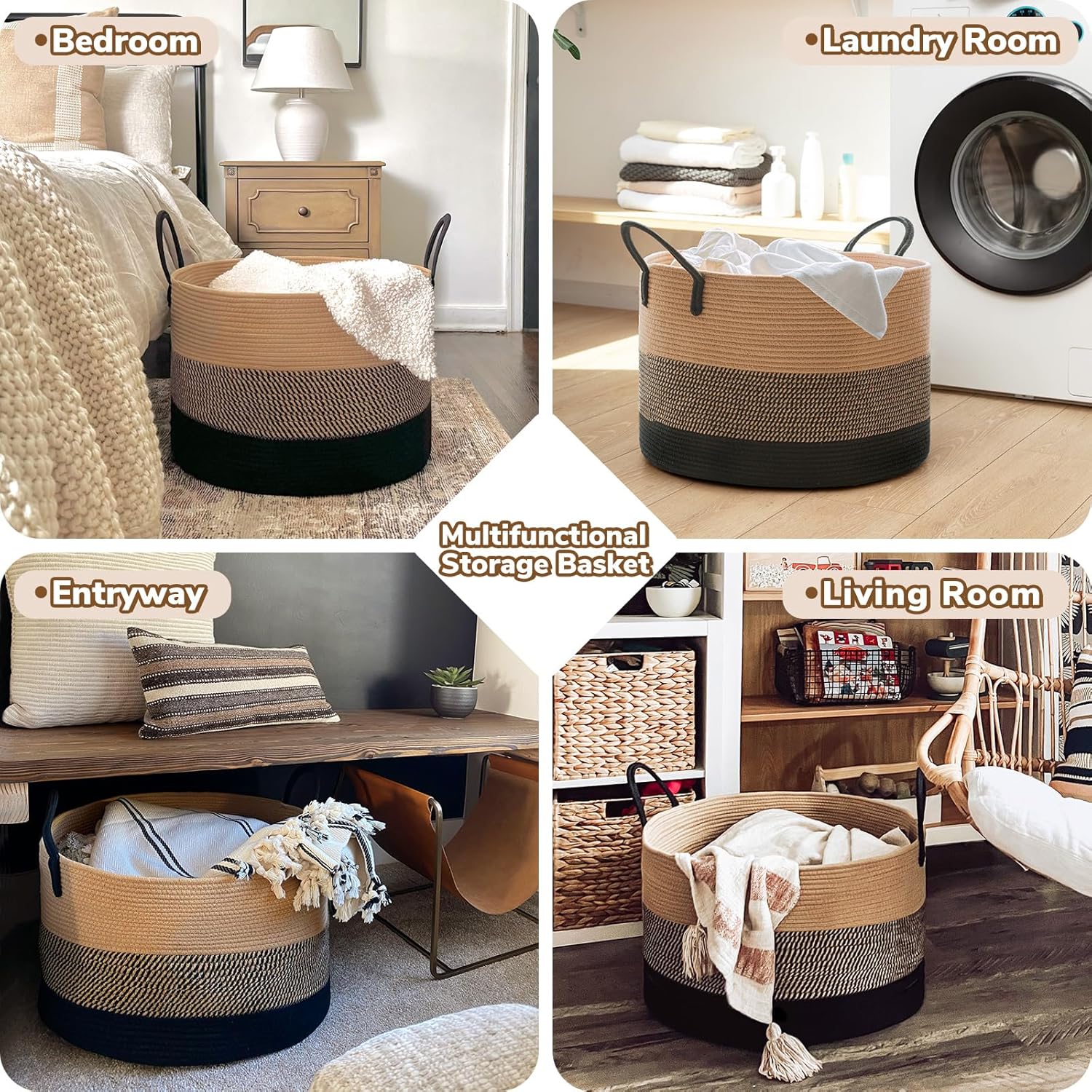 Cotton Rope Blanket Storage Basket Brown Black Home Organizer