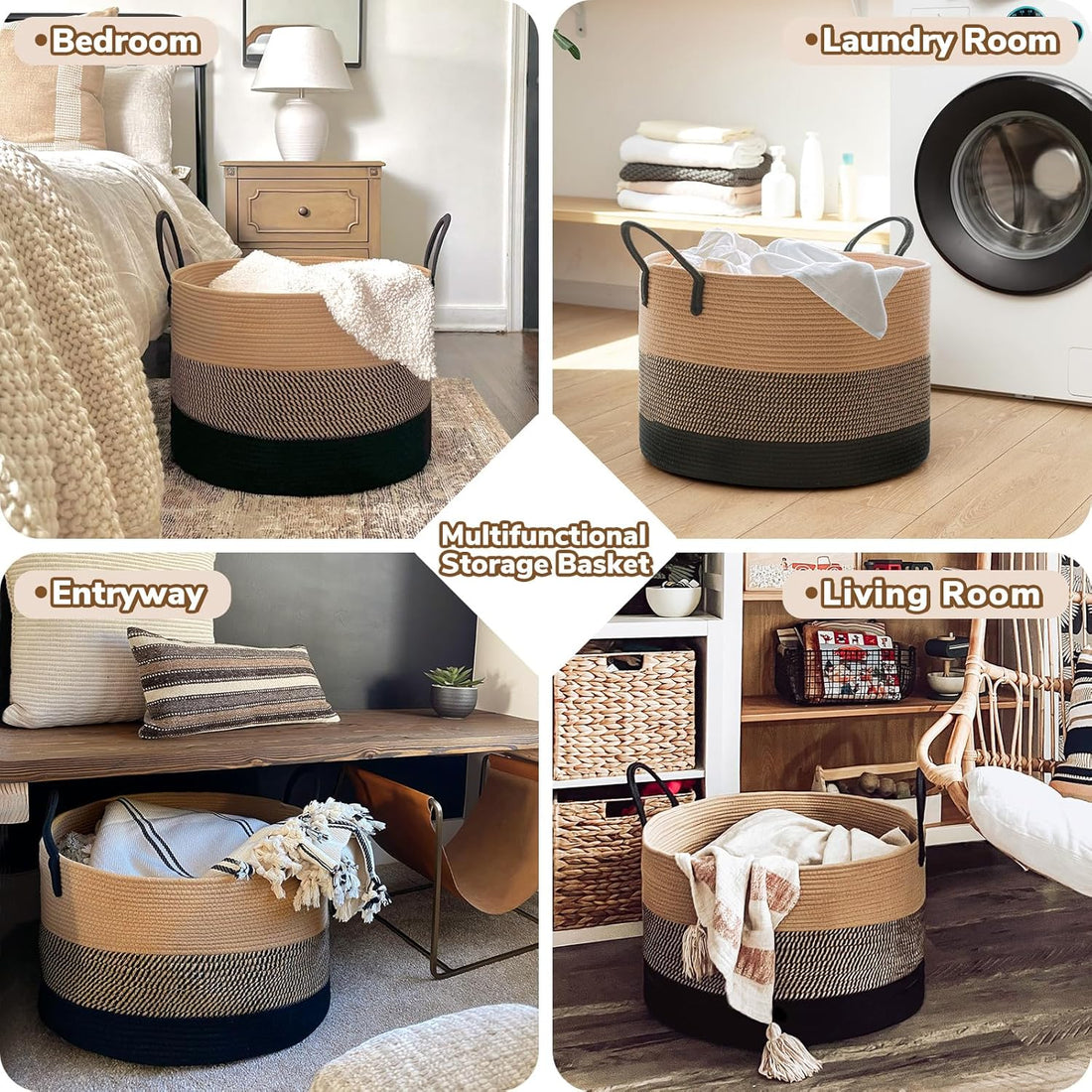 Cotton Rope Blanket Storage Basket Brown Black Home Organizer