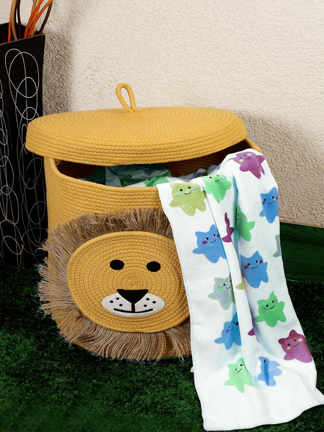 Yellow Lion Face Storage Basket with Lid for Kids Toy Room