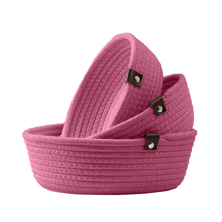 Pink Cotton Rope Storage Bowl Set with Leather Tabs