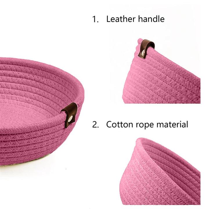 Pink Cotton Rope Storage Bowl Set with Leather Tabs