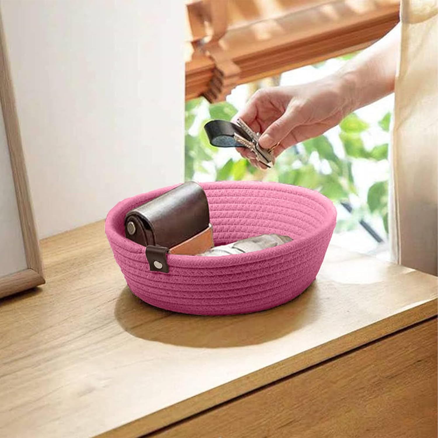 Pink Cotton Rope Storage Bowl Set with Leather Tabs