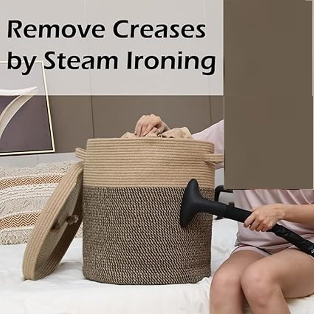 Beige Rope Storage Basket with Lid Large Laundry Organizer