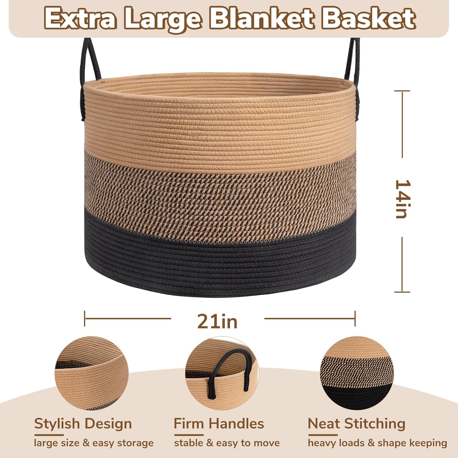Cotton Rope Blanket Storage Basket Brown Black Home Organizer