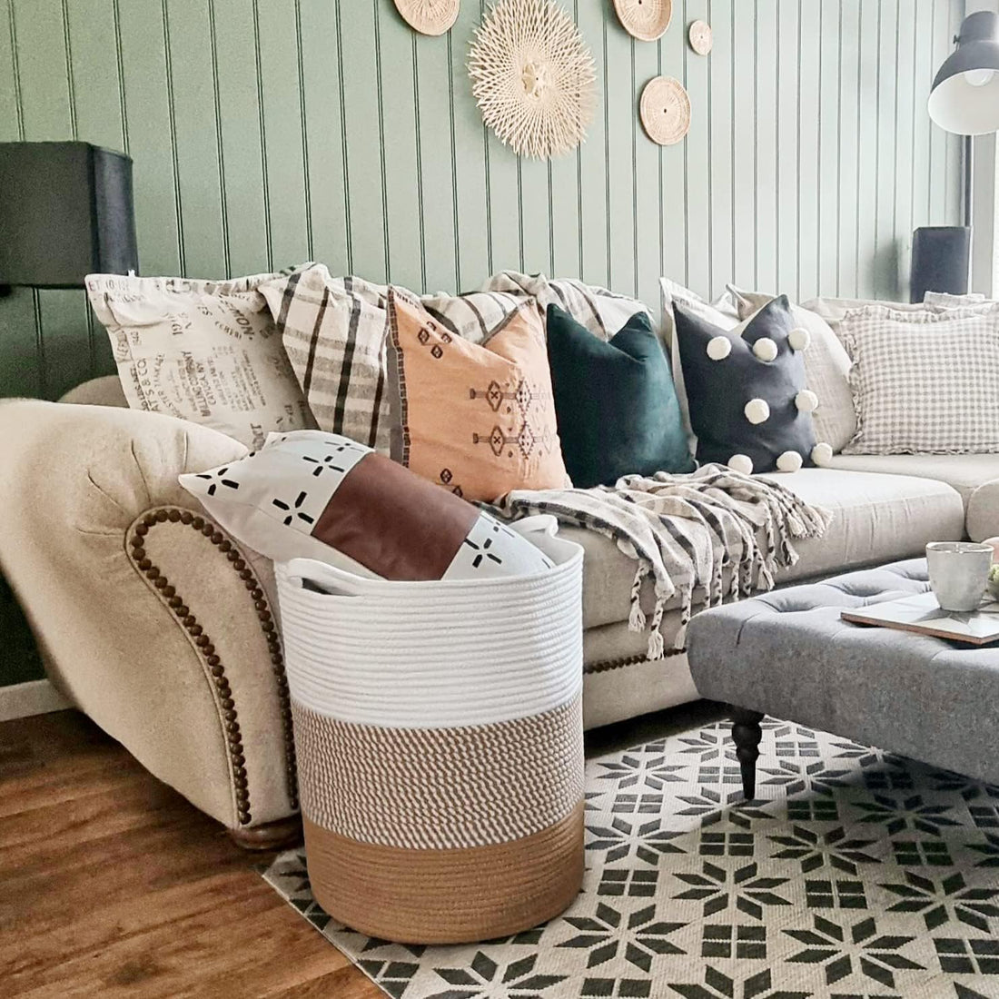 Cotton Rope Storage Basket White Brown Modern Home Organizer