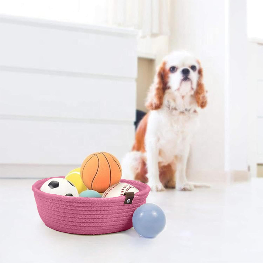 Pink Cotton Rope Storage Bowl Set with Leather Tabs