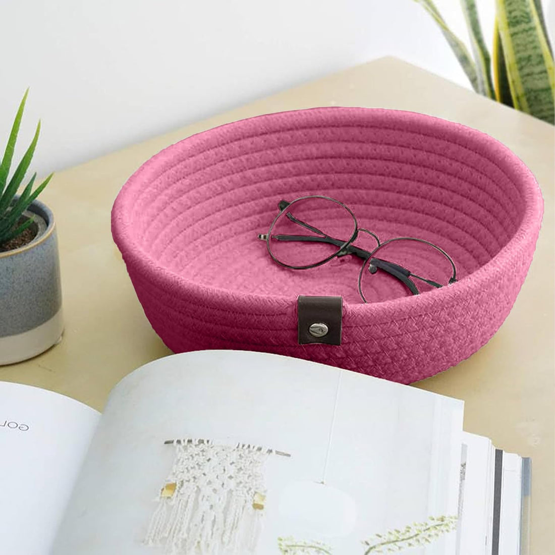 Pink Cotton Rope Storage Bowl Set with Leather Tabs