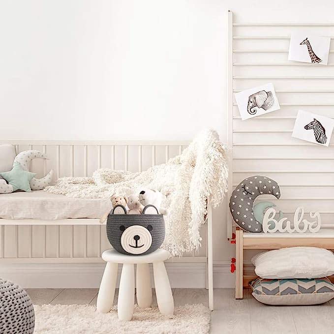 Dark Grey Cotton Rope Bear Face Matka Storage Basket