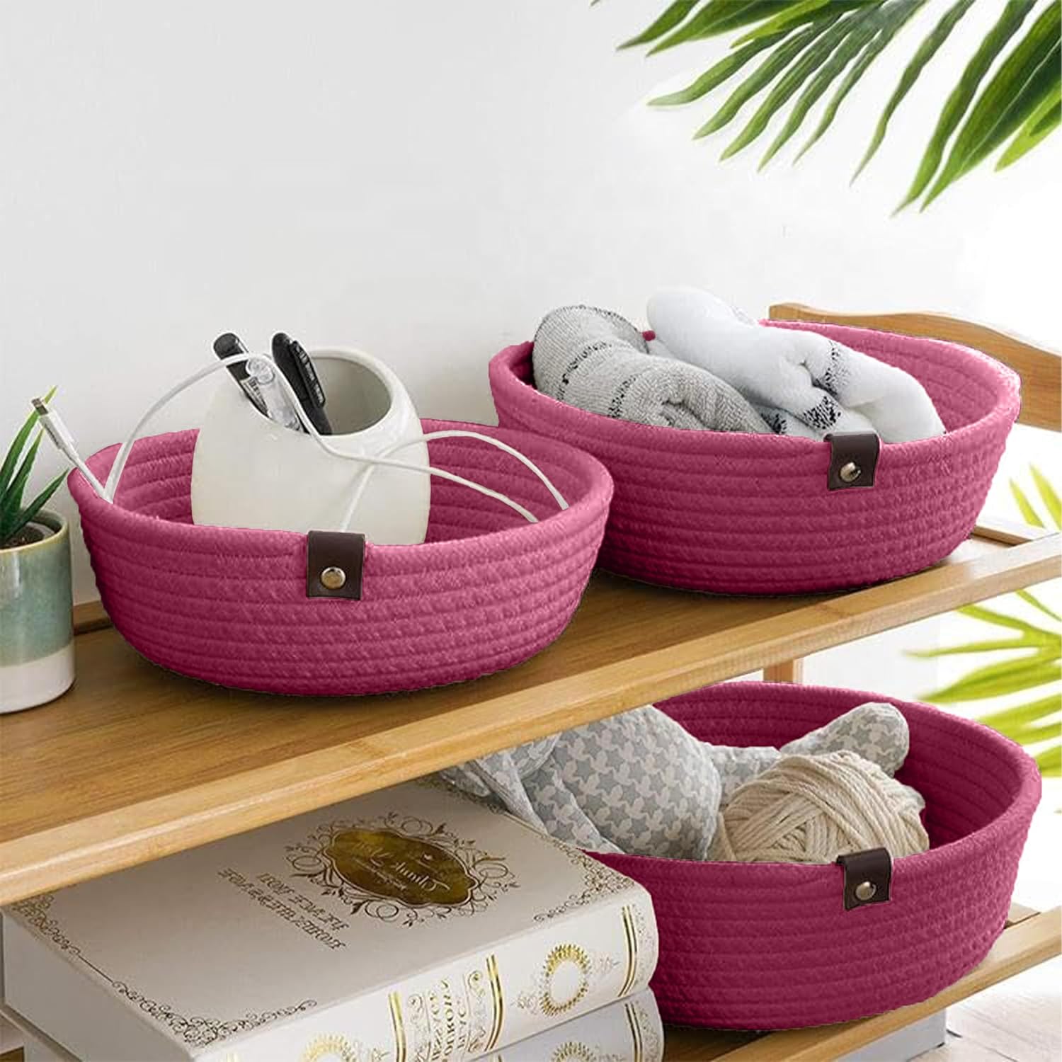 Pink Cotton Rope Storage Bowl Set with Leather Tabs
