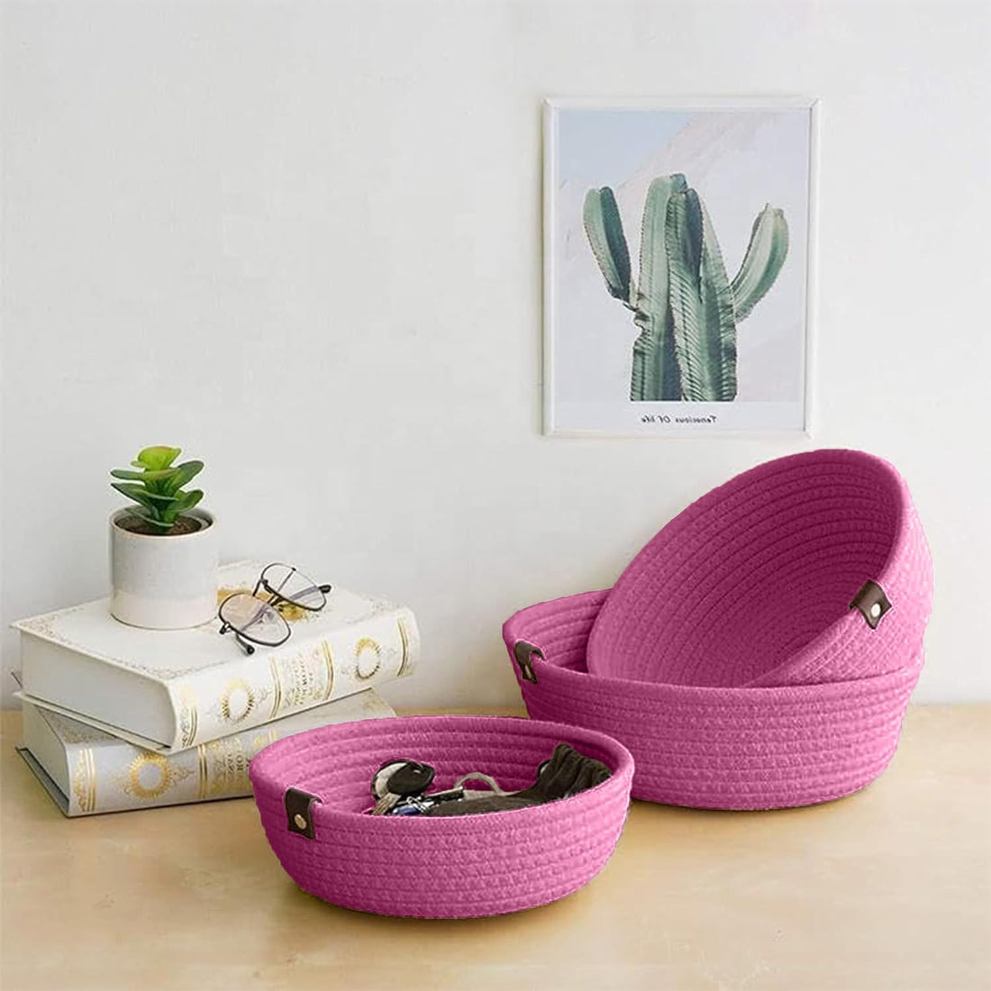 Pink Cotton Rope Storage Bowl Set with Leather Tabs