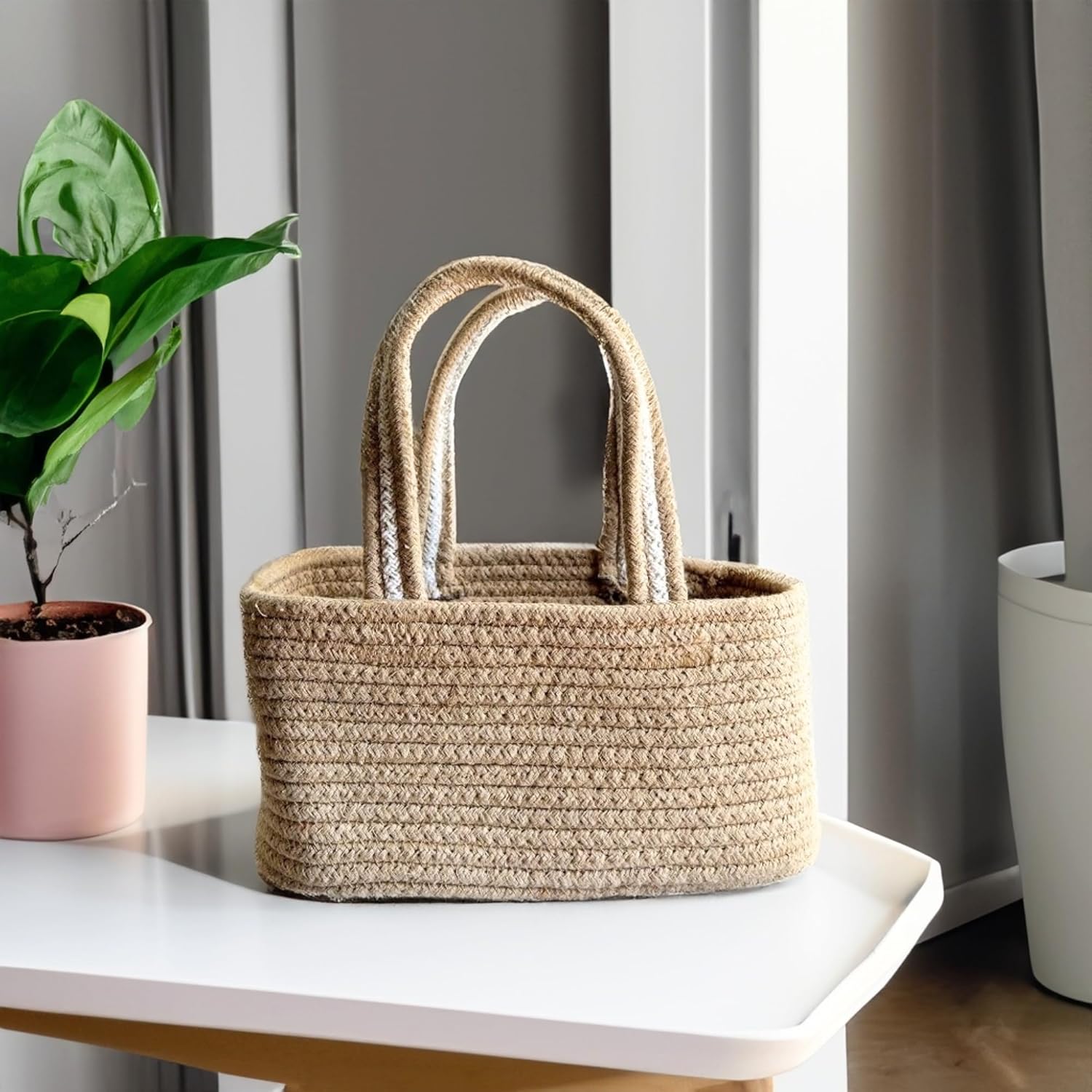 Natural Cotton Rope Storage Basket with Handle Organizer