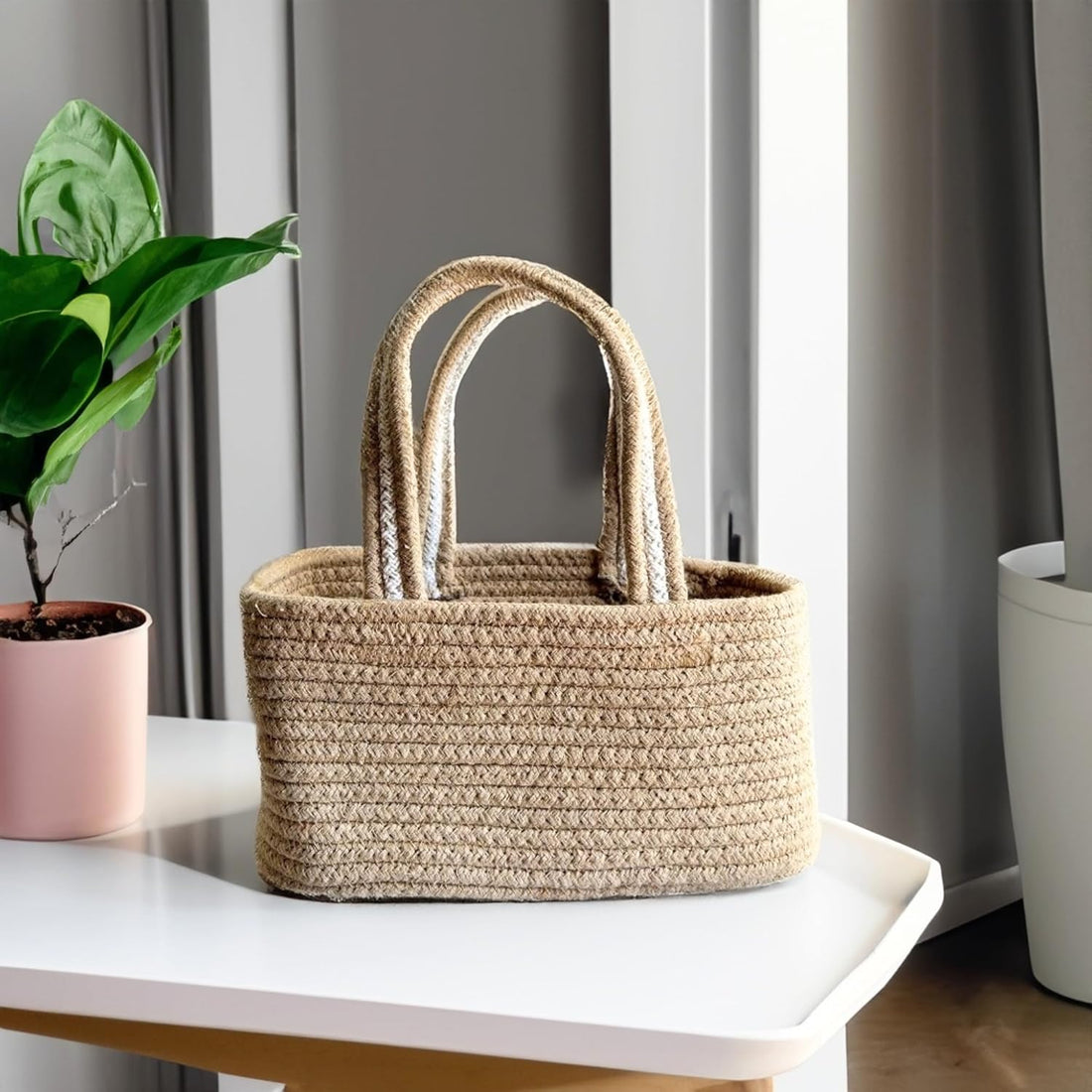 Natural Cotton Rope Storage Basket with Handle Organizer