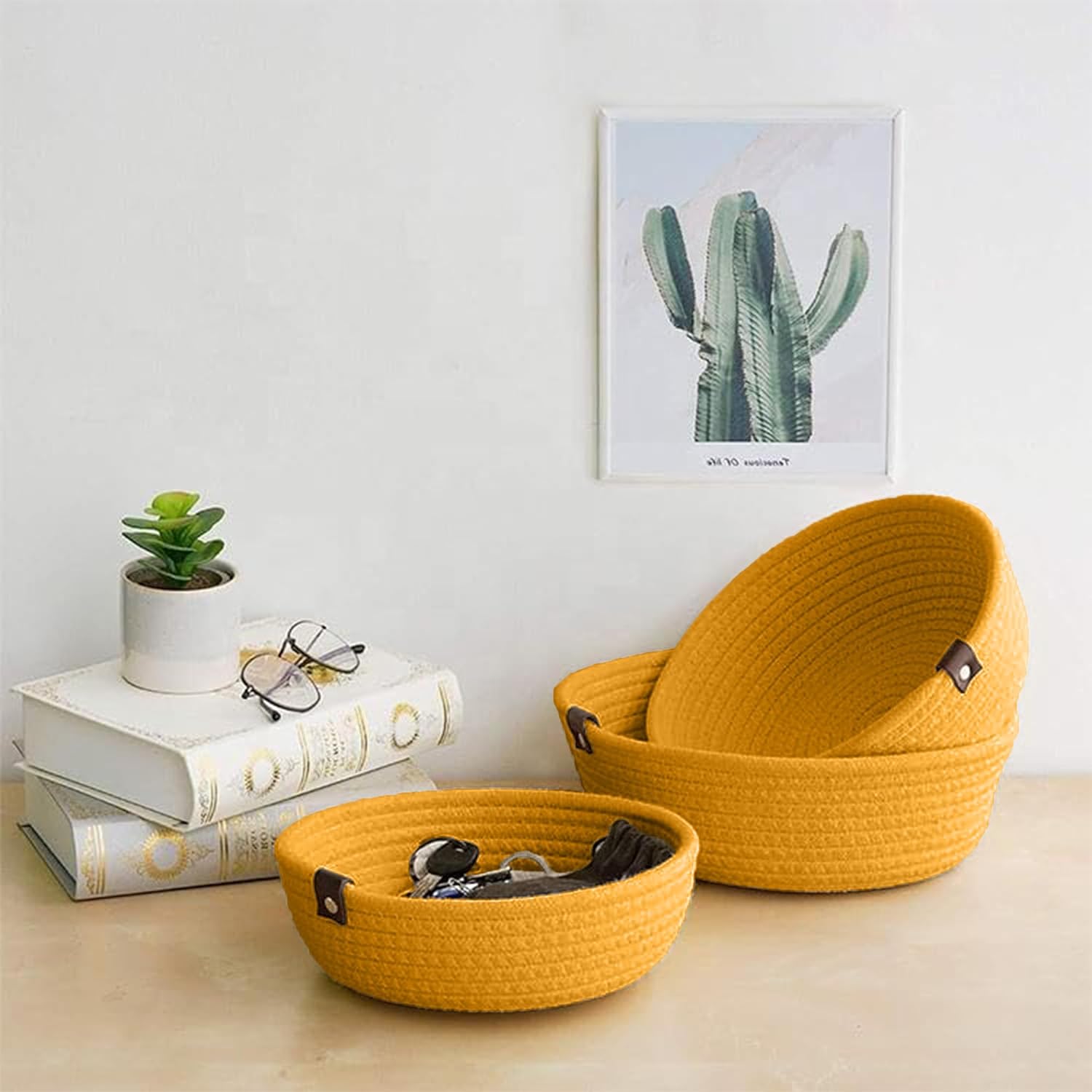 Mustard Yellow Cotton Rope Storage Bowl Set with Tabs