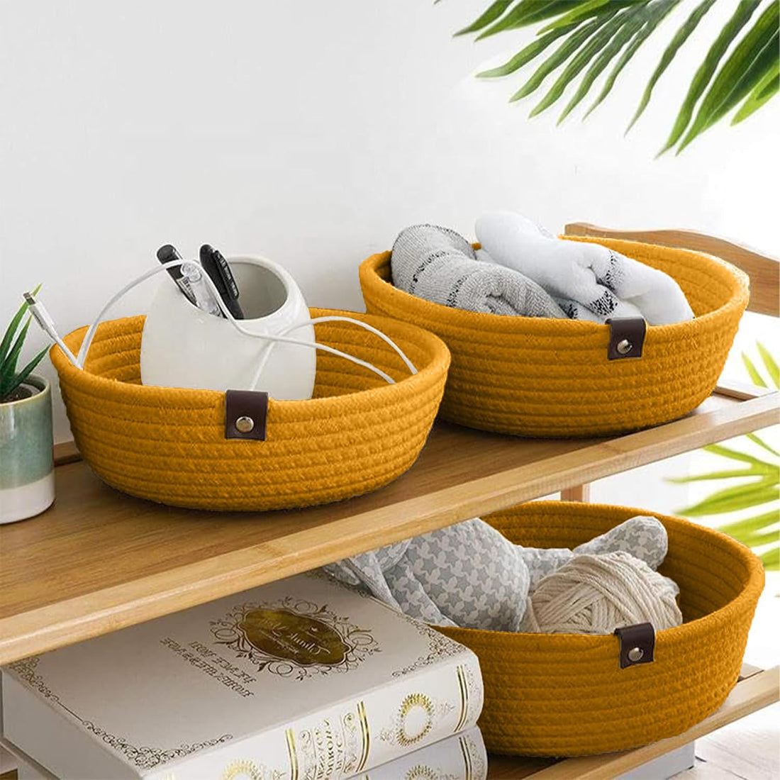 Mustard Yellow Cotton Rope Storage Bowl Set with Tabs