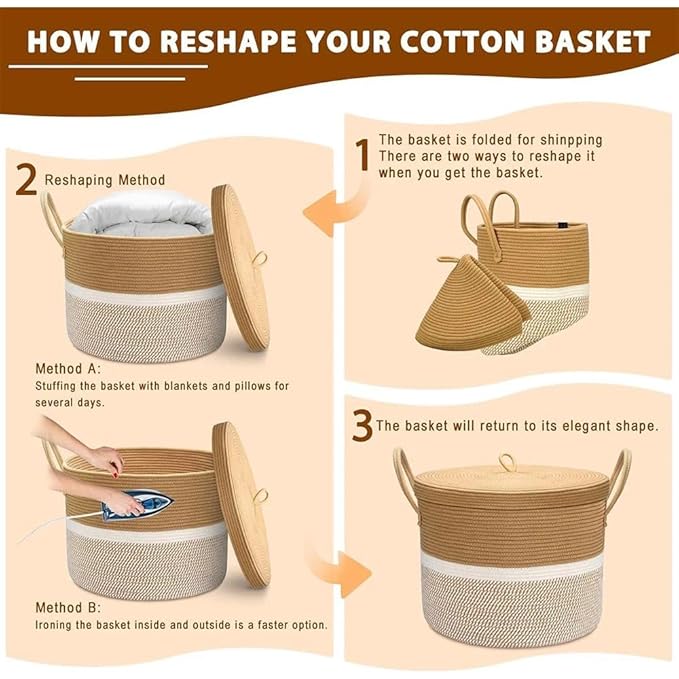Cotton Rope Storage Basket with Lid Brown Beige Organizer