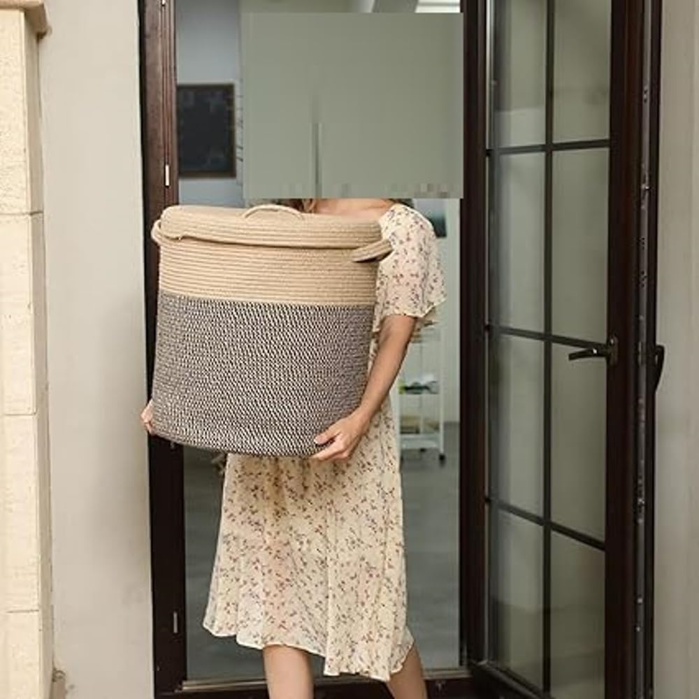 Beige Rope Storage Basket with Lid Large Laundry Organizer