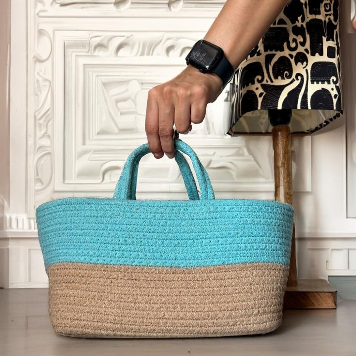 Dual Tone Cotton Rope Storage Basket with Handle Organizer