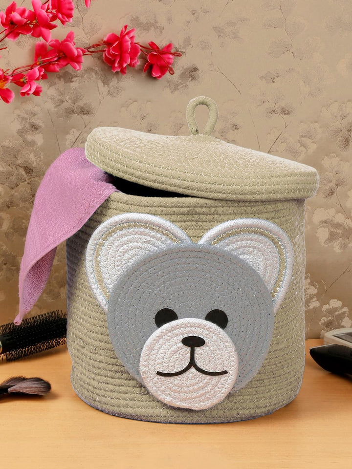 Beige Bear Face Storage Basket with Lid for Kids Toy Organize