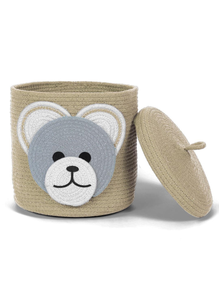 Beige Bear Face Storage Basket with Lid for Kids Toy Organize