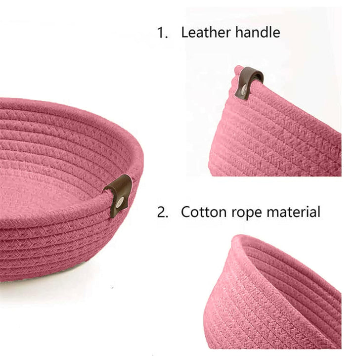 Pink Cotton Rope Storage Bowl Set with Leather Tabs