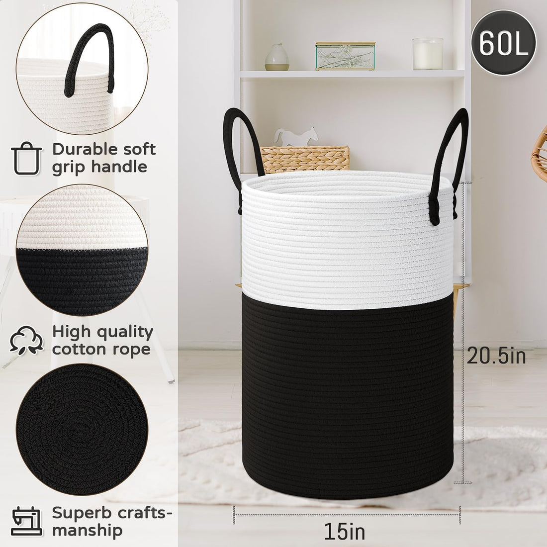 Cotton Rope Laundry Storage Basket White Black Home Organizer