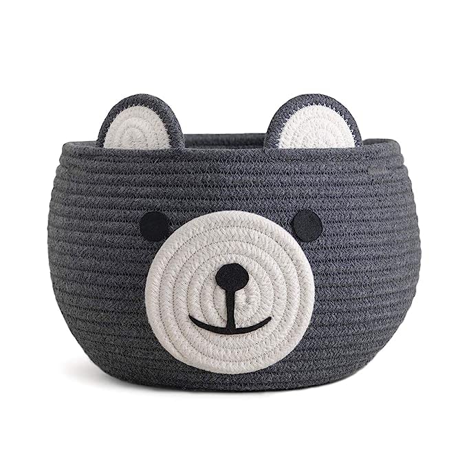 Dark Grey Cotton Rope Bear Face Matka Storage Basket