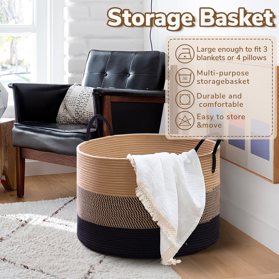 Cotton Rope Blanket Storage Basket Brown Black Home Organizer