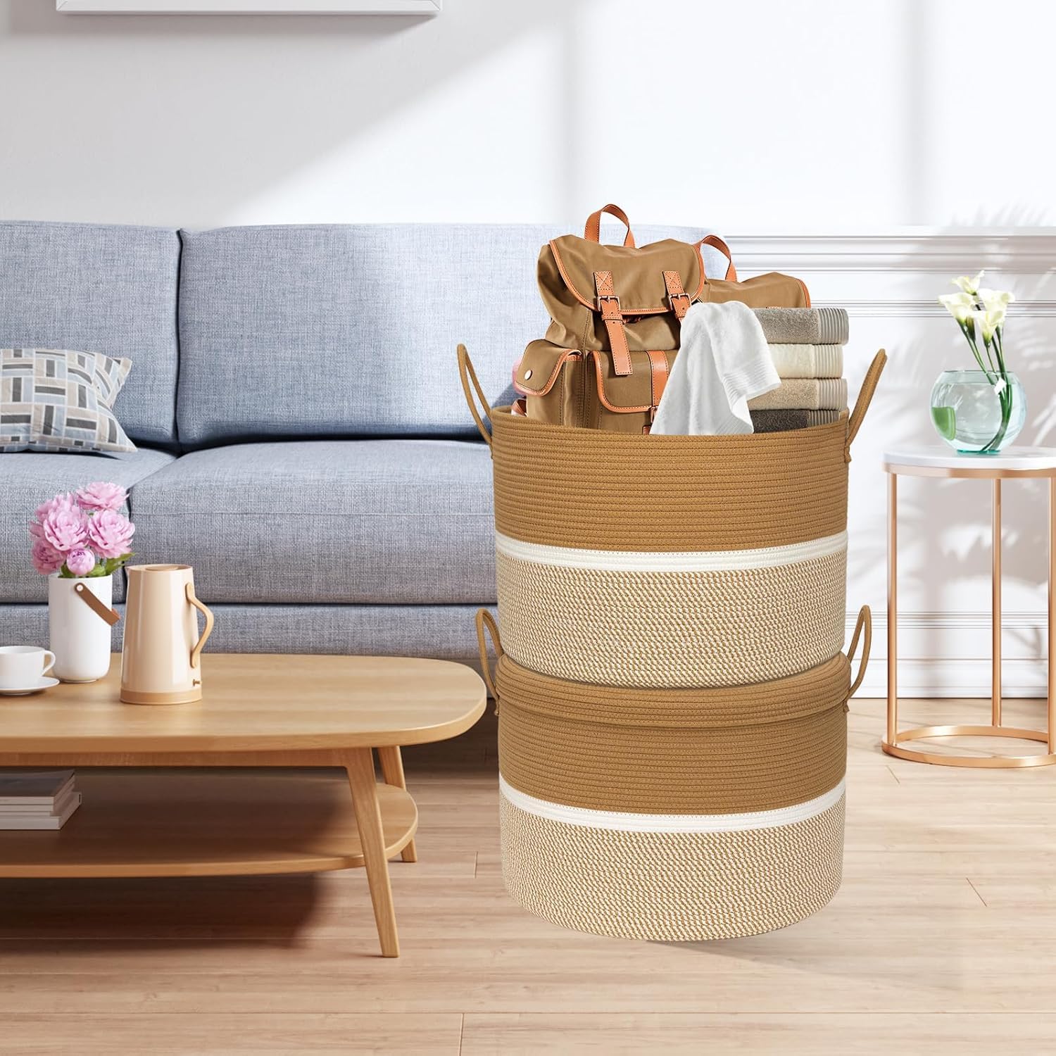 Cotton Rope Storage Basket with Lid Brown Beige Organizer