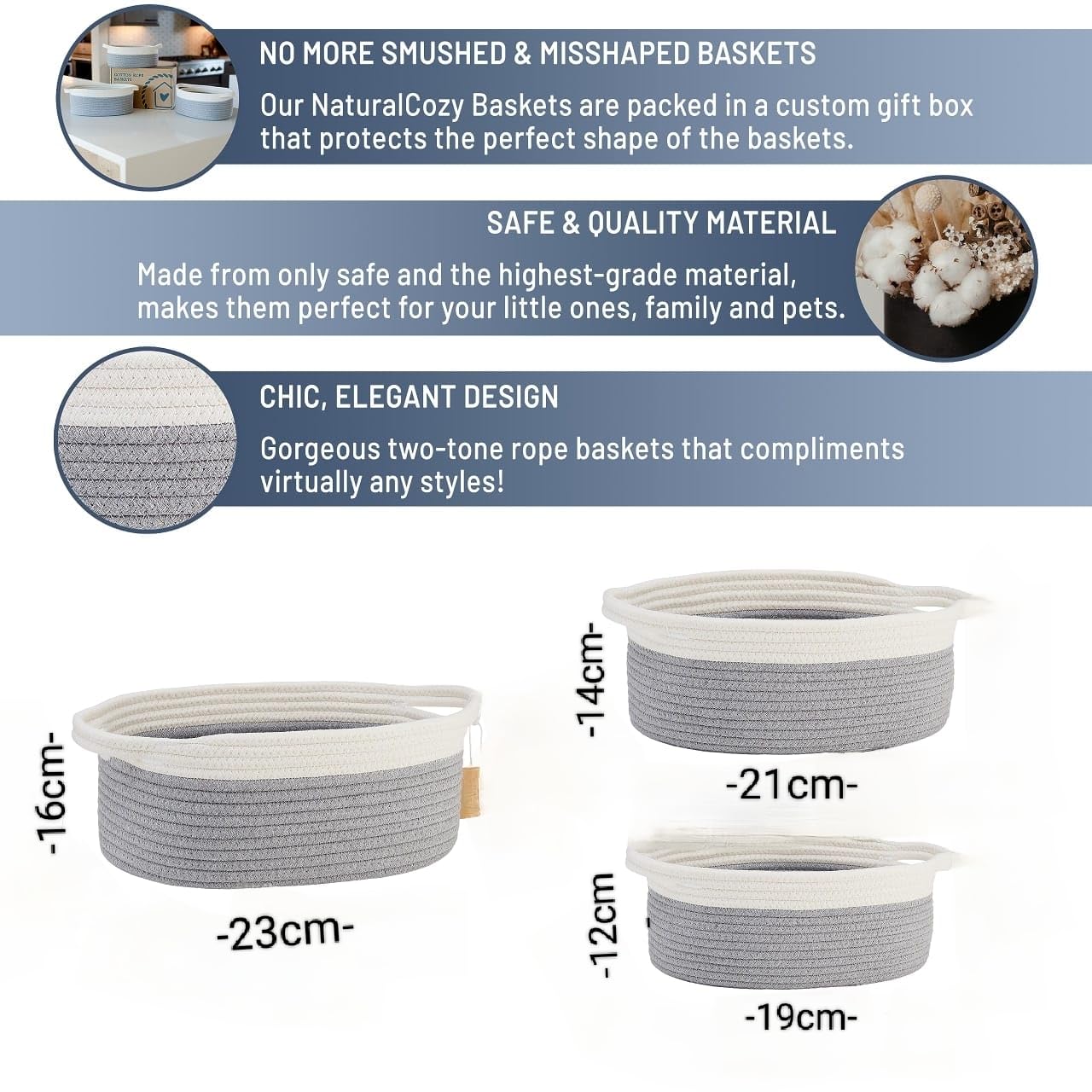 Grey & White Cotton Rope Storage Bowl Set for Home