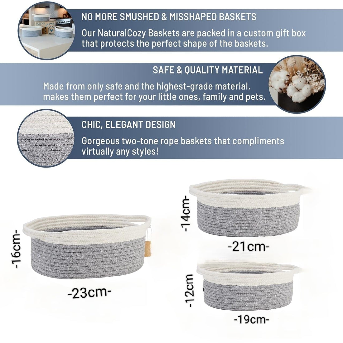 Grey & White Cotton Rope Storage Bowl Set for Home