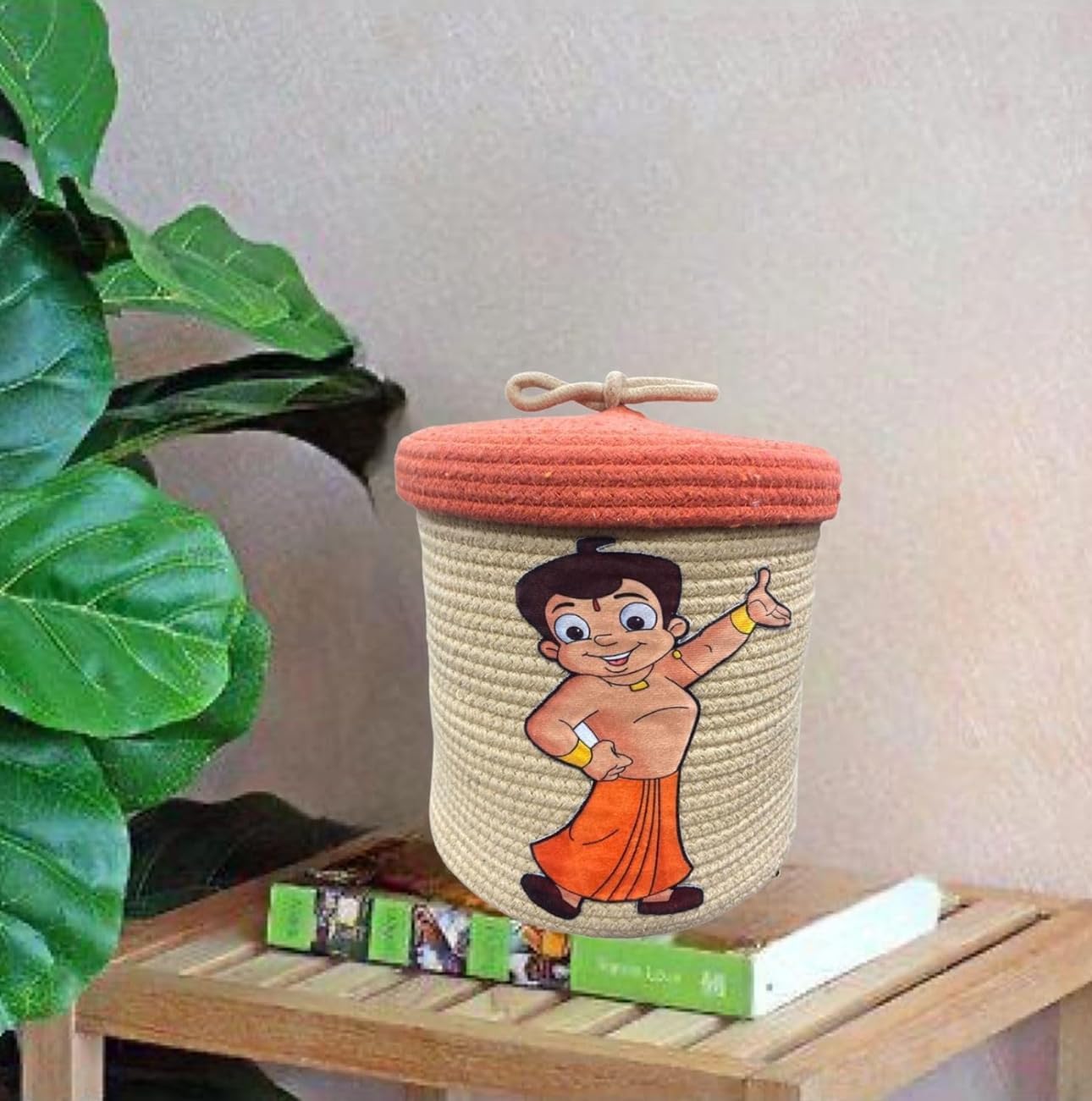 Beige Chhota Bheem Storage Basket with Lid for Kids Toy Bin