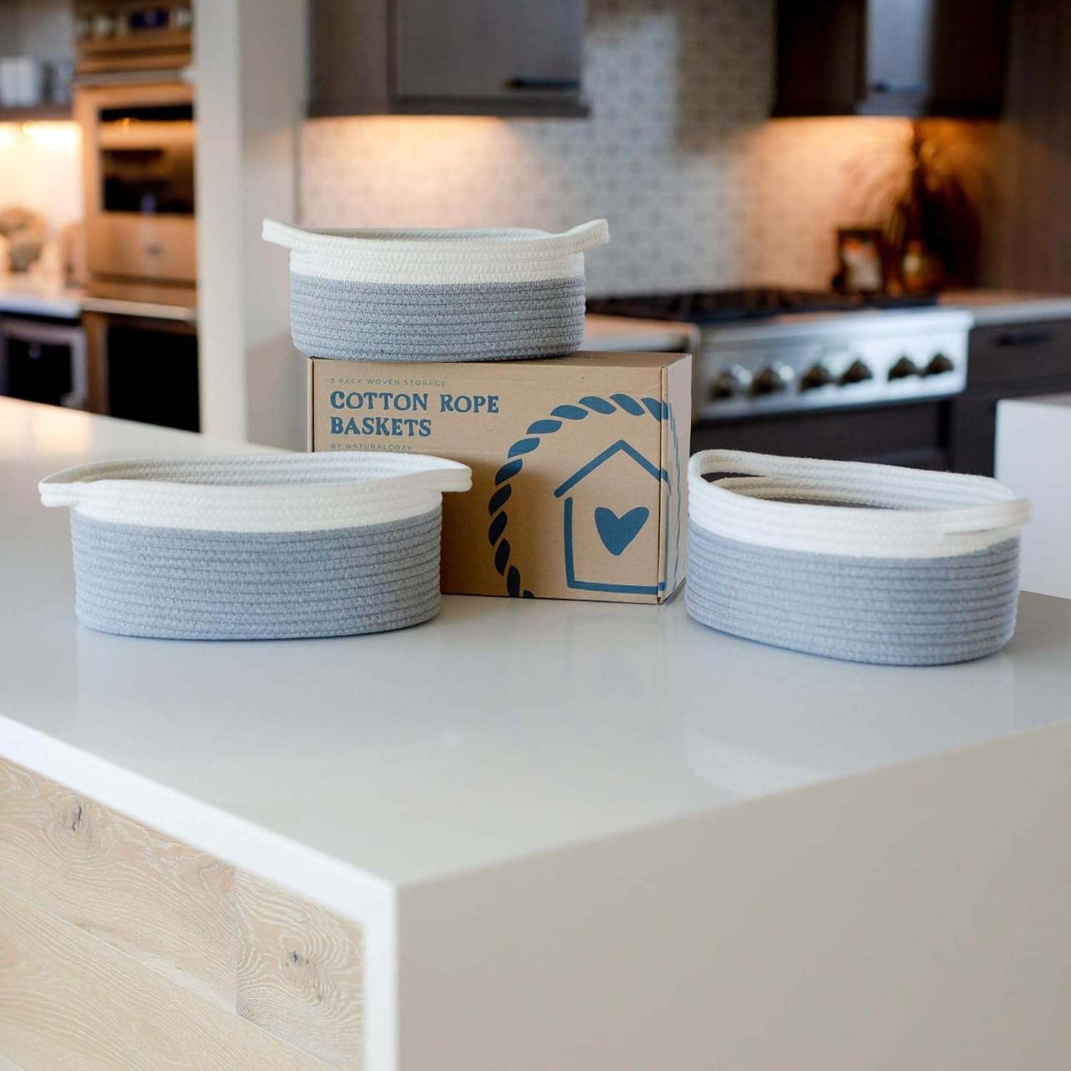 Grey & White Cotton Rope Storage Bowl Set for Home