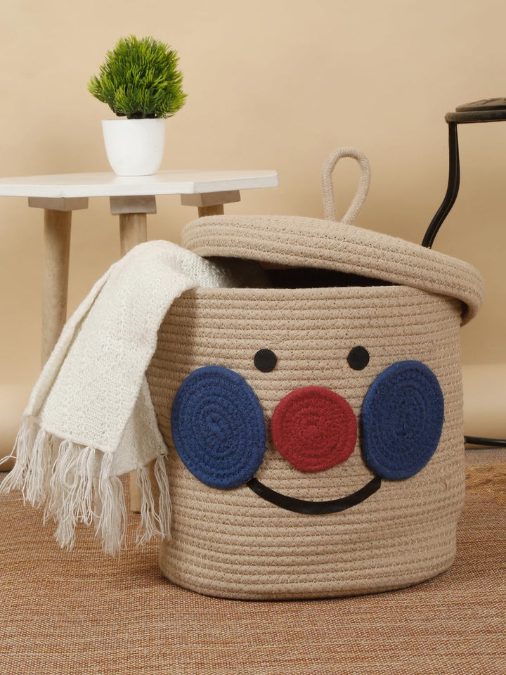 Beige Smiley Face Storage Basket with Lid for Kids Toy Room
