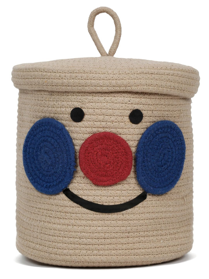 Beige Smiley Face Storage Basket with Lid for Kids Toy Room
