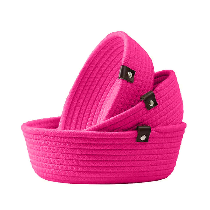 Hot Pink Cotton Rope Storage Bowl Set with Leather Tabs