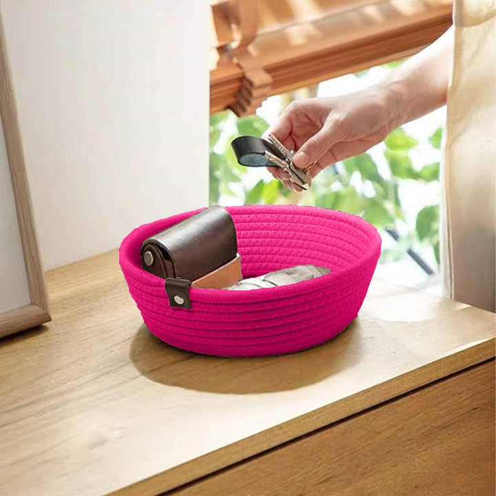 Hot Pink Cotton Rope Storage Bowl Set with Leather Tabs