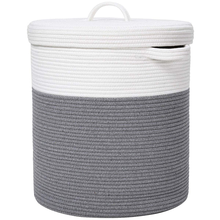 Cotton Rope Laundry Basket with Lid White Grey Storage Bin