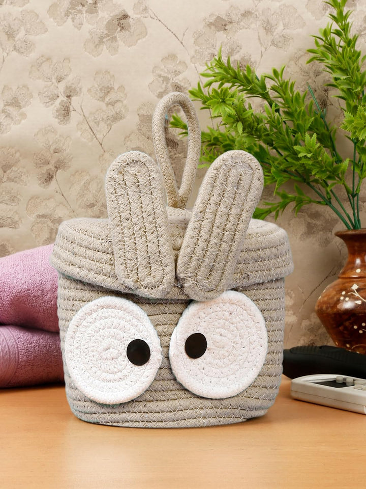 Beige Bunny Cotton Rope Storage Basket 18x15cm