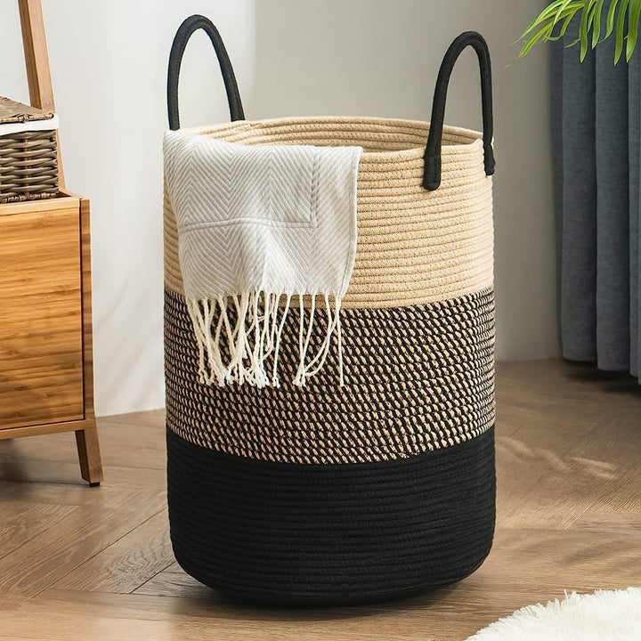 Handwoven Cotton Rope Storage Basket Black Handles Home Use