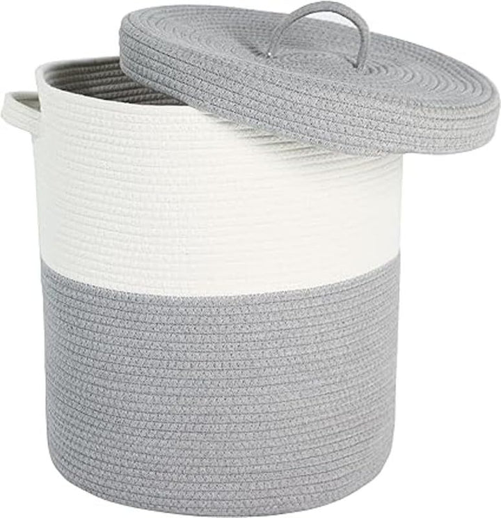 Cotton Rope Laundry Basket with Lid White Grey Storage Bin