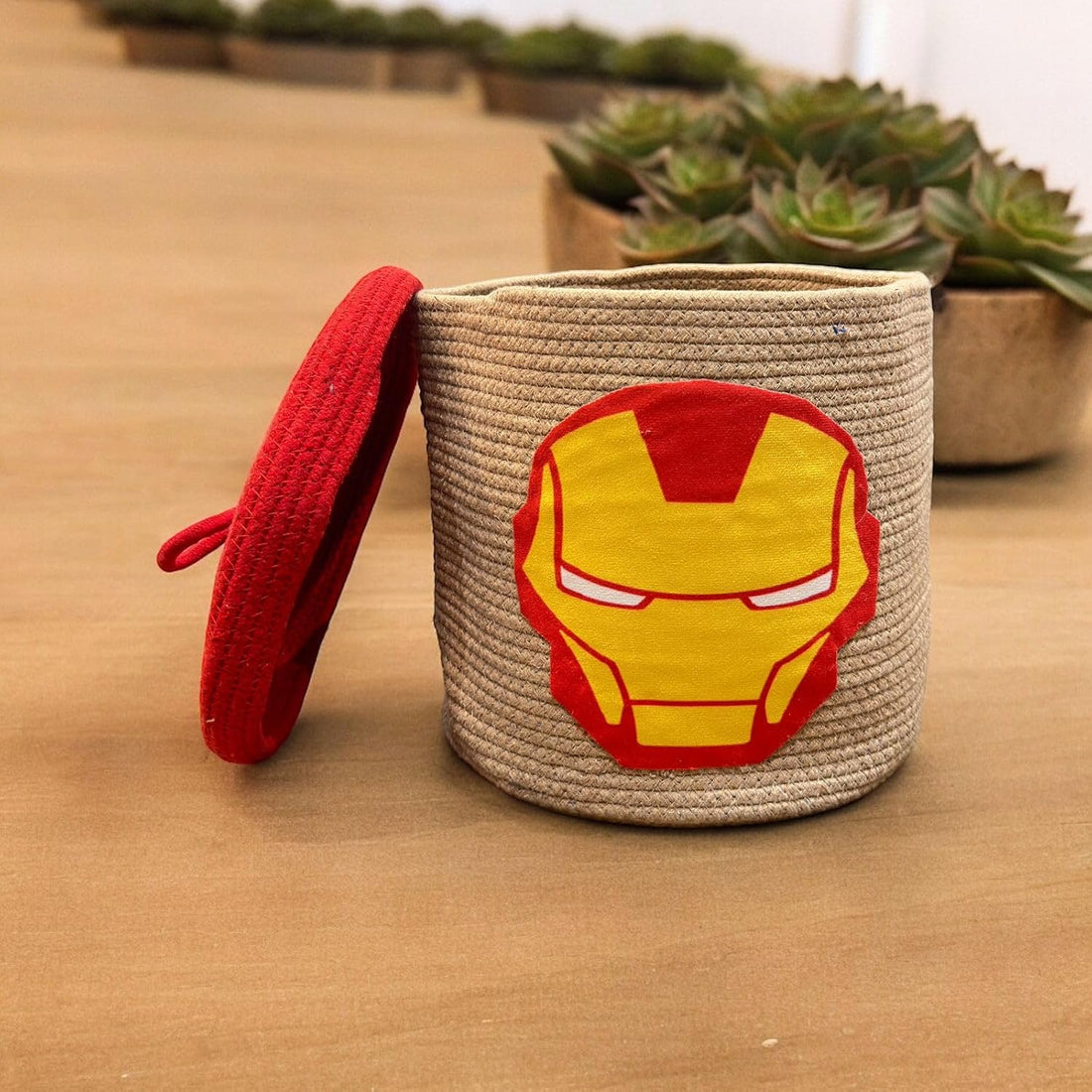 Beige Iron Hero Storage Basket with Lid for Kids Toy Room