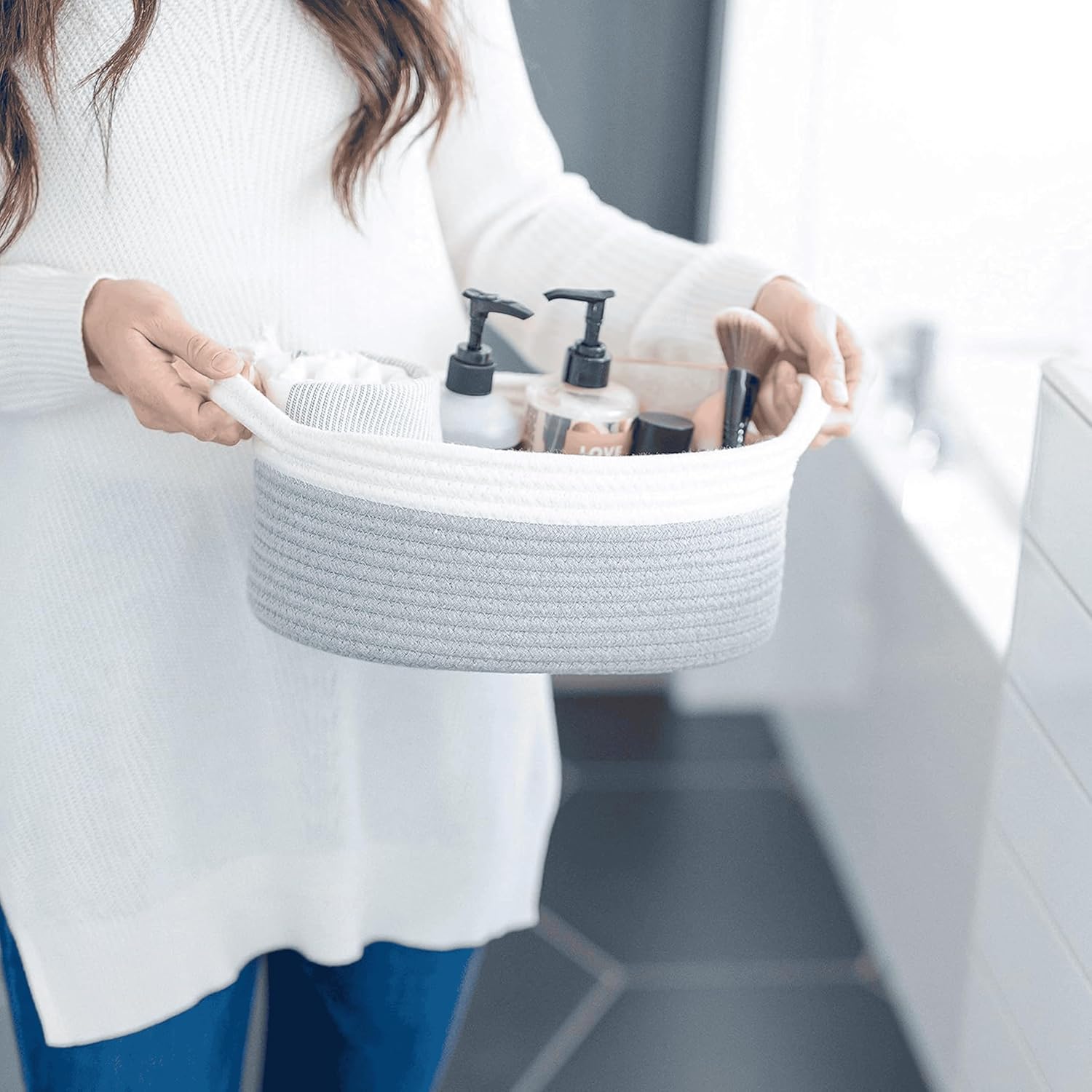 Grey & White Cotton Rope Storage Bowl Set for Home