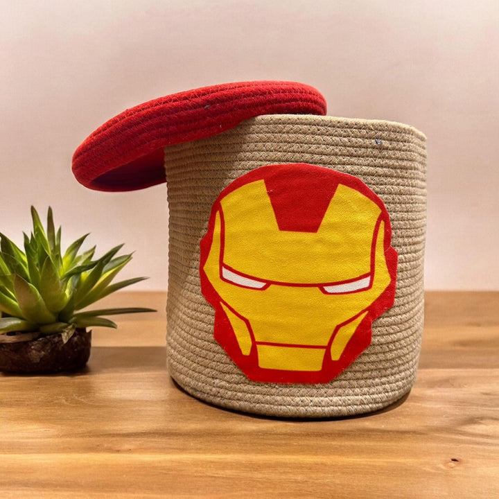 Beige Iron Hero Storage Basket with Lid for Kids Toy Room