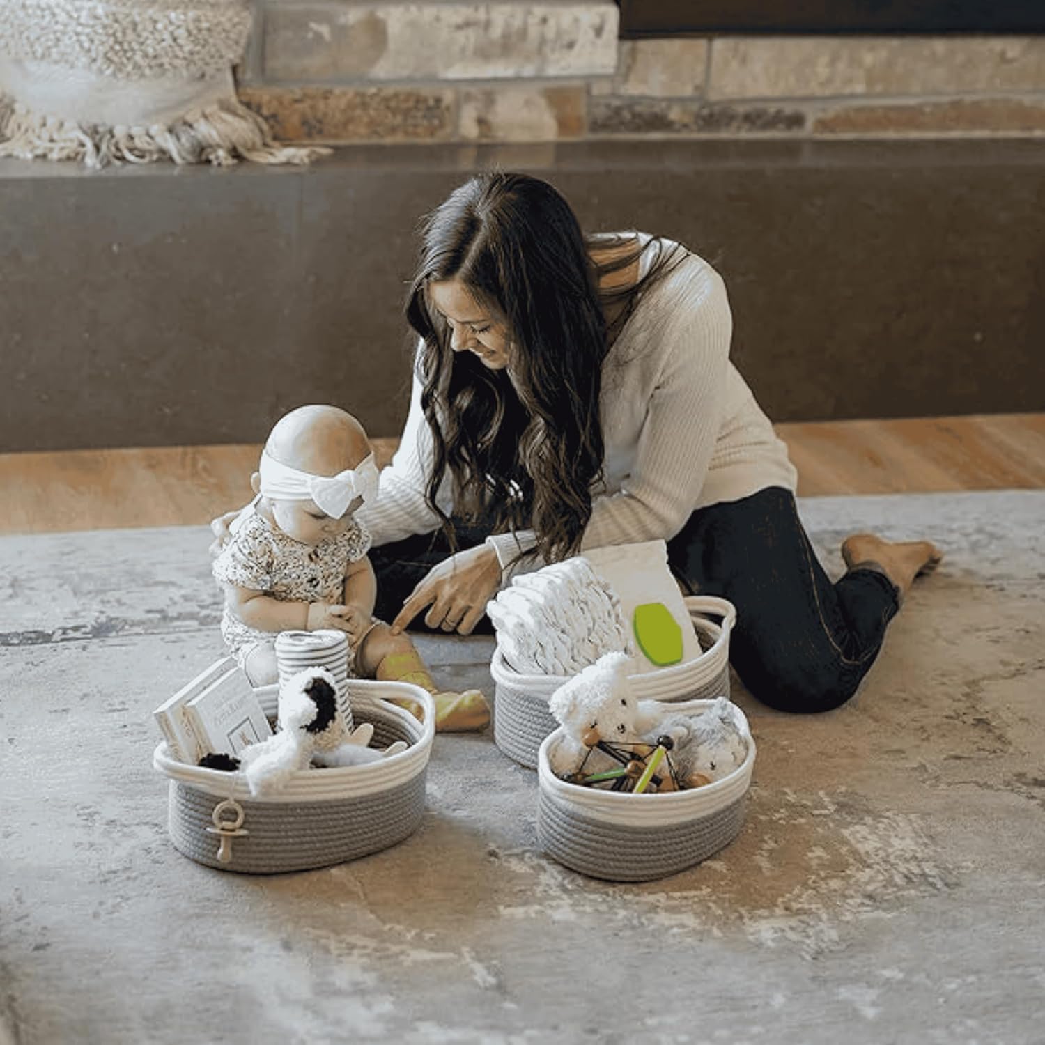 Grey & White Cotton Rope Storage Bowl Set for Home