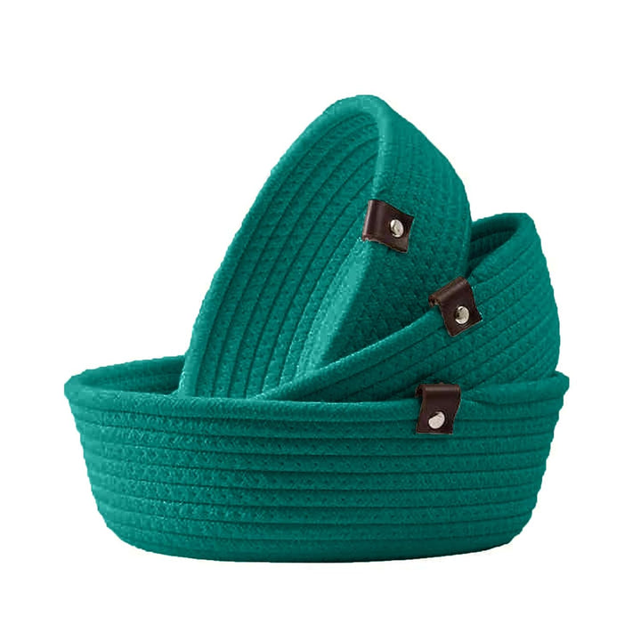 Teal Green Cotton Rope Storage Bowl Set with Leather Tabs