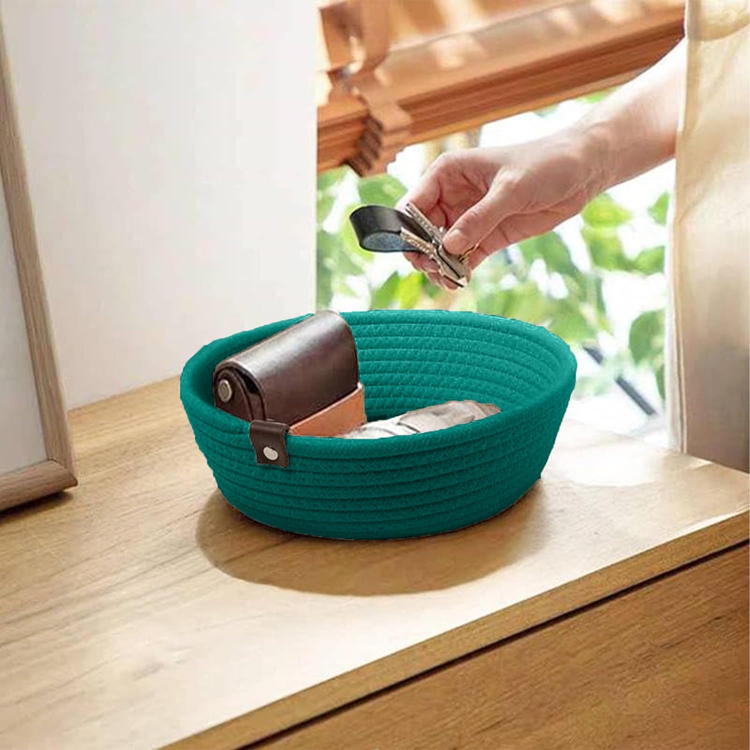 Rust Orange Cotton Rope Storage Bowl Set with Leather Tabs