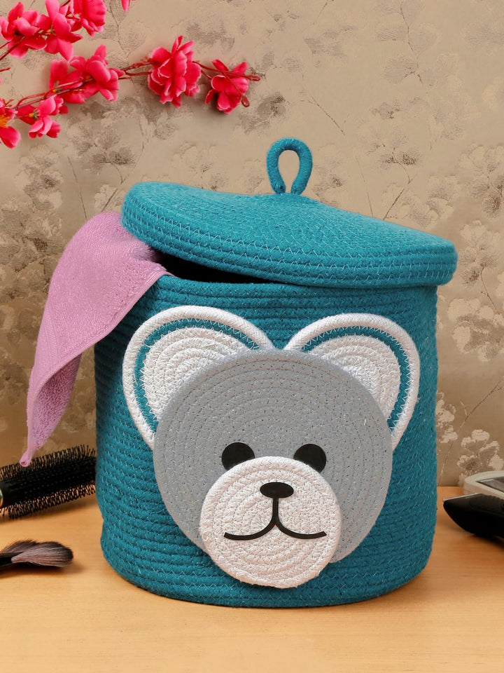Teal Bear Face Storage Basket with Lid for Kids Toy Room