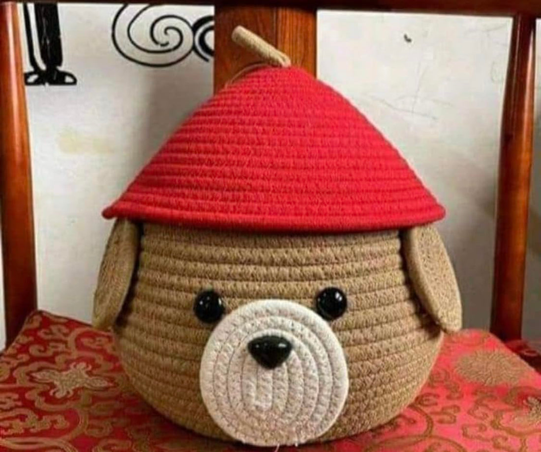 Brown & Red Cotton Rope Dog Face Matka Storage Basket