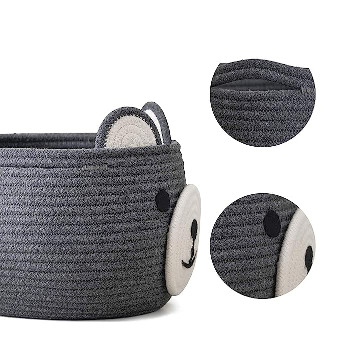 Dark Grey Cotton Rope Bear Face Matka Storage Basket
