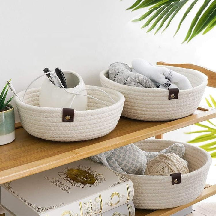 Cream Cotton Rope Storage Bowl Set with Leather Tabs